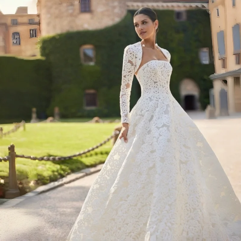 Two Way Wear Off Shoulder Lace Ball Gown Wedding Dress Detachable Long Sleeve Bolero Heavy Floral Guipure Lace Customizable