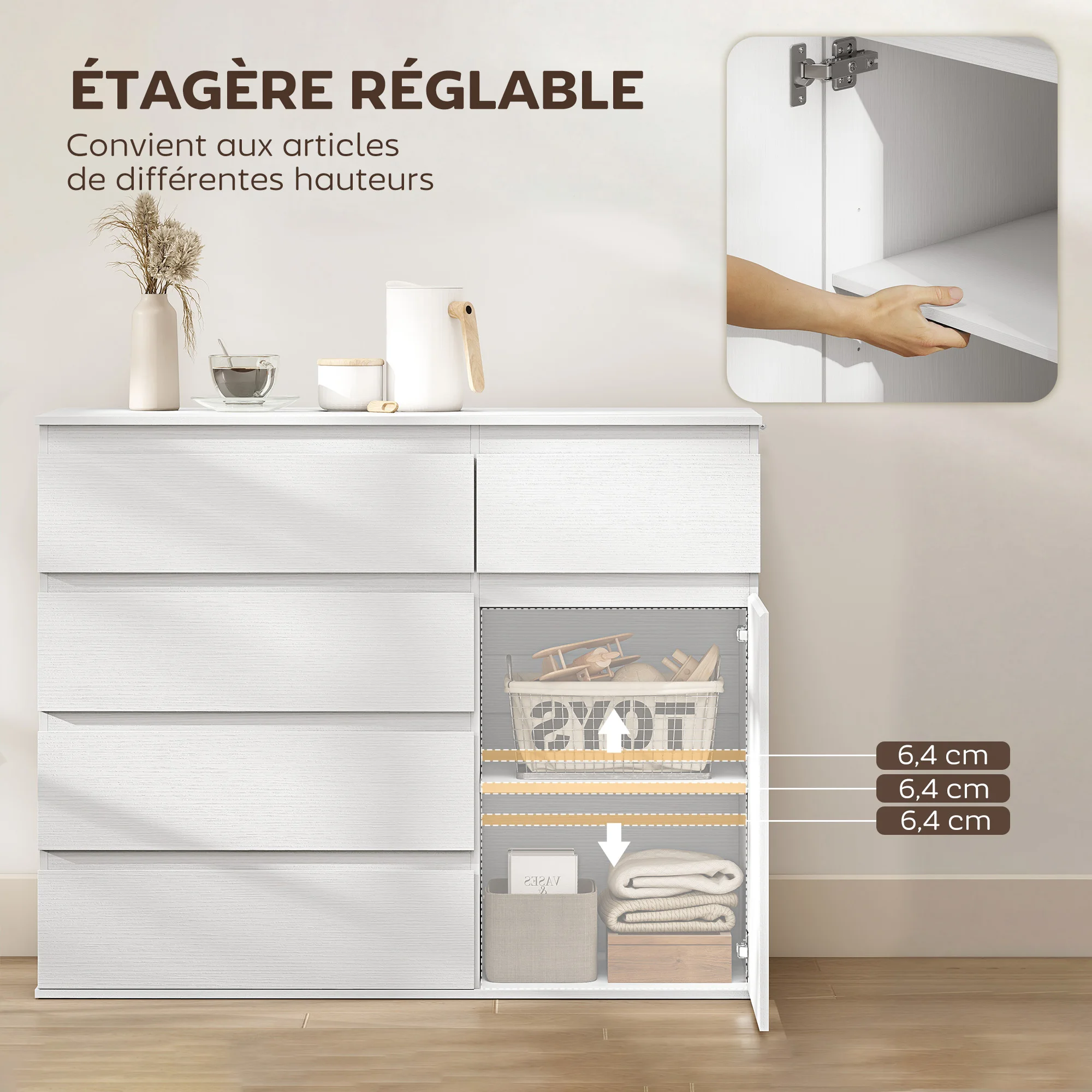 Commode 5 tiroirs, Buffet Lounge, table de rangement, étagère et double porte, 100x40x80cm, Blanc