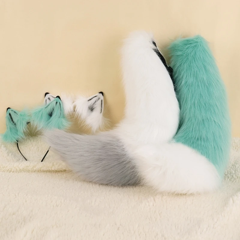 39bdオオカミの耳とテールセット豪華な毛皮のような動物耳ヘッドバンドハロウィーンパーティーコスチューム