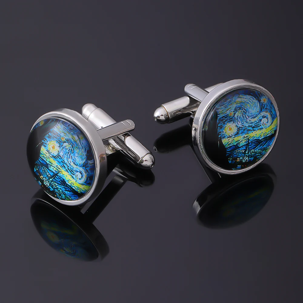 رجل الزجاج كابوشون ليلة النجوم صورة فنية أزرار أكمام فان جوخ النفط اللوحة نمط جولة الكفة زر مجوهرات #2