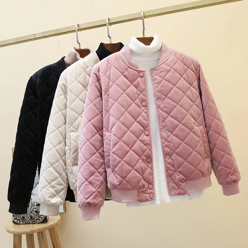 Casaco de inverno coreano feminino simples curto harajuku argyle veludo algodão solto casual acolchoado sólido jeckets feminino puffer parkas