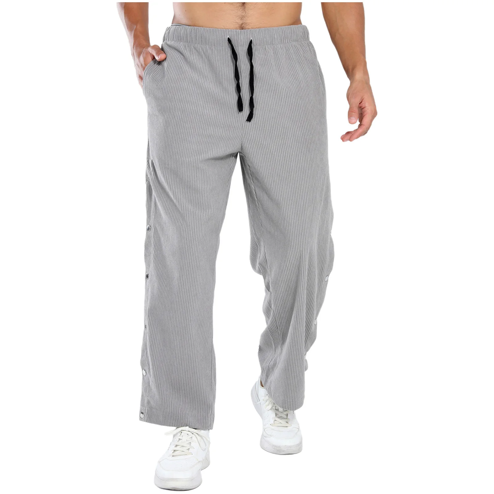 

Mens Corduroy Long Pants Side Button Open Wide Leg Elastic Waist with Drawstring Textured Trousers for Office Daily Casual