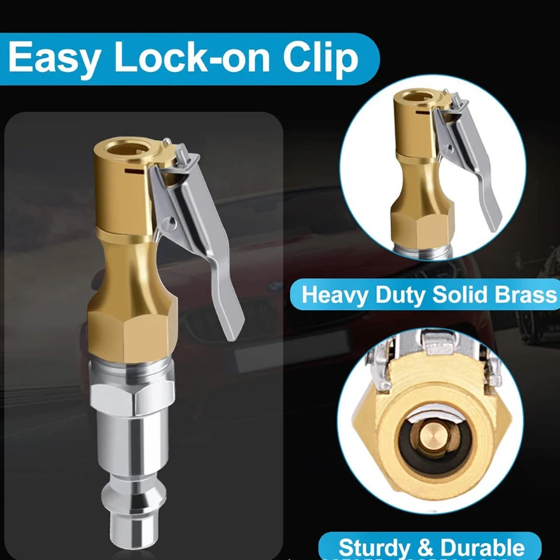 3pcs/set NPT Brass Air Chuck Closed Flow Heavy Duty Lock on Quick Connect Clip Intake Nozzle for Car Tyre Tire Inflator Pump