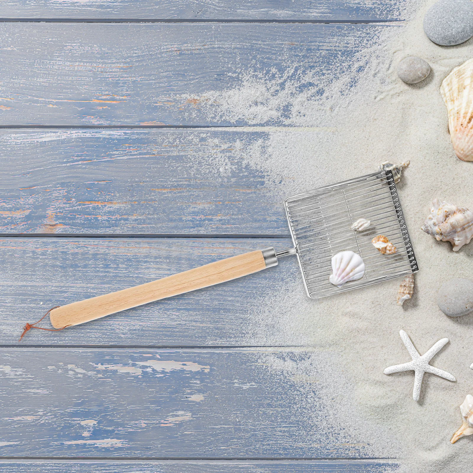 Tamiz de arena portátil de acero inoxidable para playa, mango de madera, diseño de malla extendida, carcasa eficiente para recoger actividades al aire libre para niños