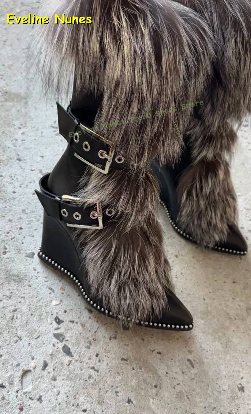

Wedge Pull On Patchwork Lady Mid-Calf Boots 2025 Faux Fur Belt Buckle Fashion Boots Pointed Toe Winter New Arrivals Street Style