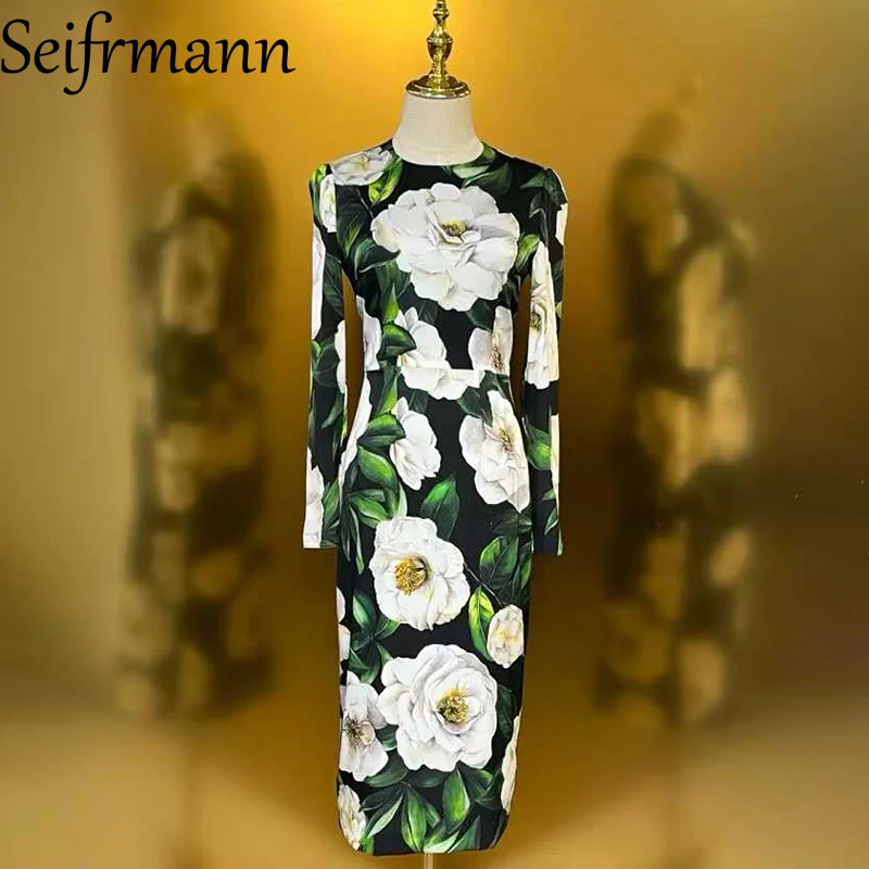 Seifrmann 2026 Frühling Damen Neues Modisches Rundhals-Langarmkleid aus Seide mit Aufdruck und Taillenbetonung