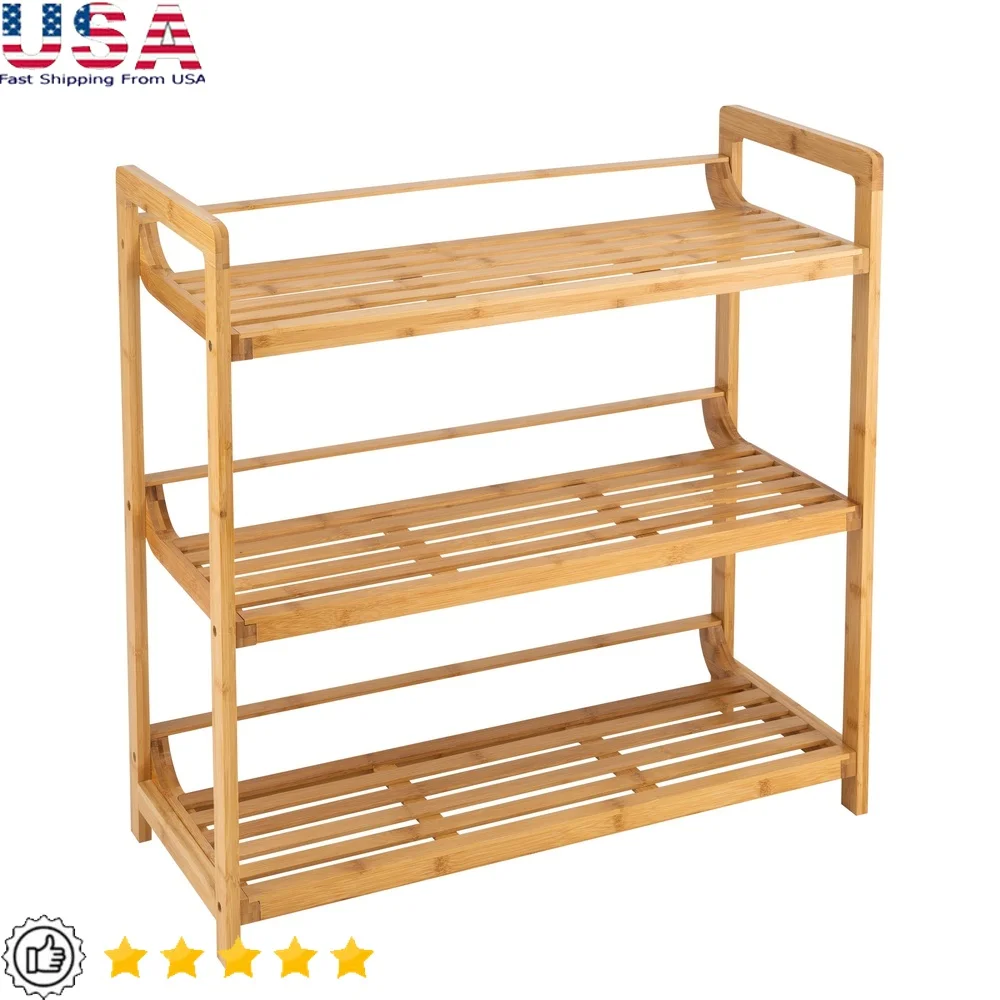 

Eco-Friendly Bamboo 3 Tier Storage Shelf Unit Freestanding Antimicrobial Durable Indoor Organizer with Built-in Handles Bathroom