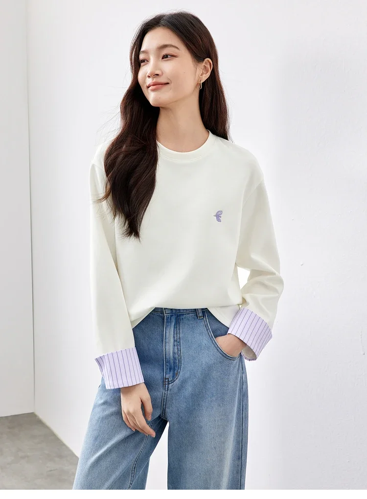 SENTUBILA Spliced Cotton Sweatshirts Women's 2025 Spring Commute Embroidery Patchwork Casual Cozy Long Sleeve Tops 151A58383