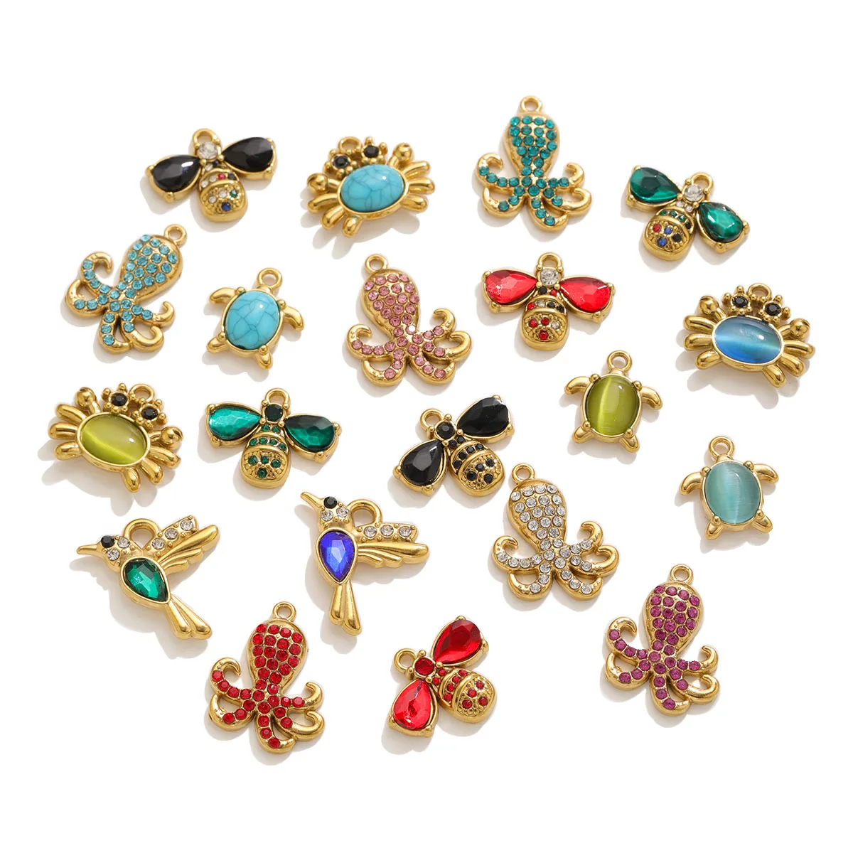 3pcs/lot Crystal Cat's Eye Stone Sea Crab Turtle Bird Charms Stainless Steel DIY Women's Earrings Necklace Bracelet Wholesale