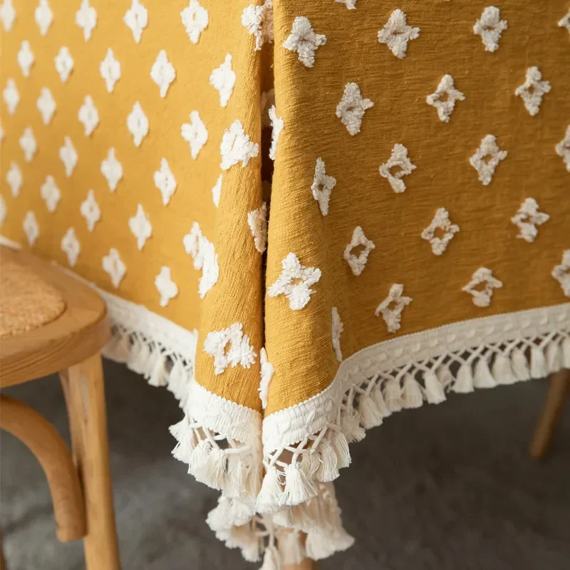 yesVintage Nordic Rectangular Tablecloth Three-Dimensional Cut Flowers Cross Tassel Tablecloth Coffee Tablecloths Home Decoratio