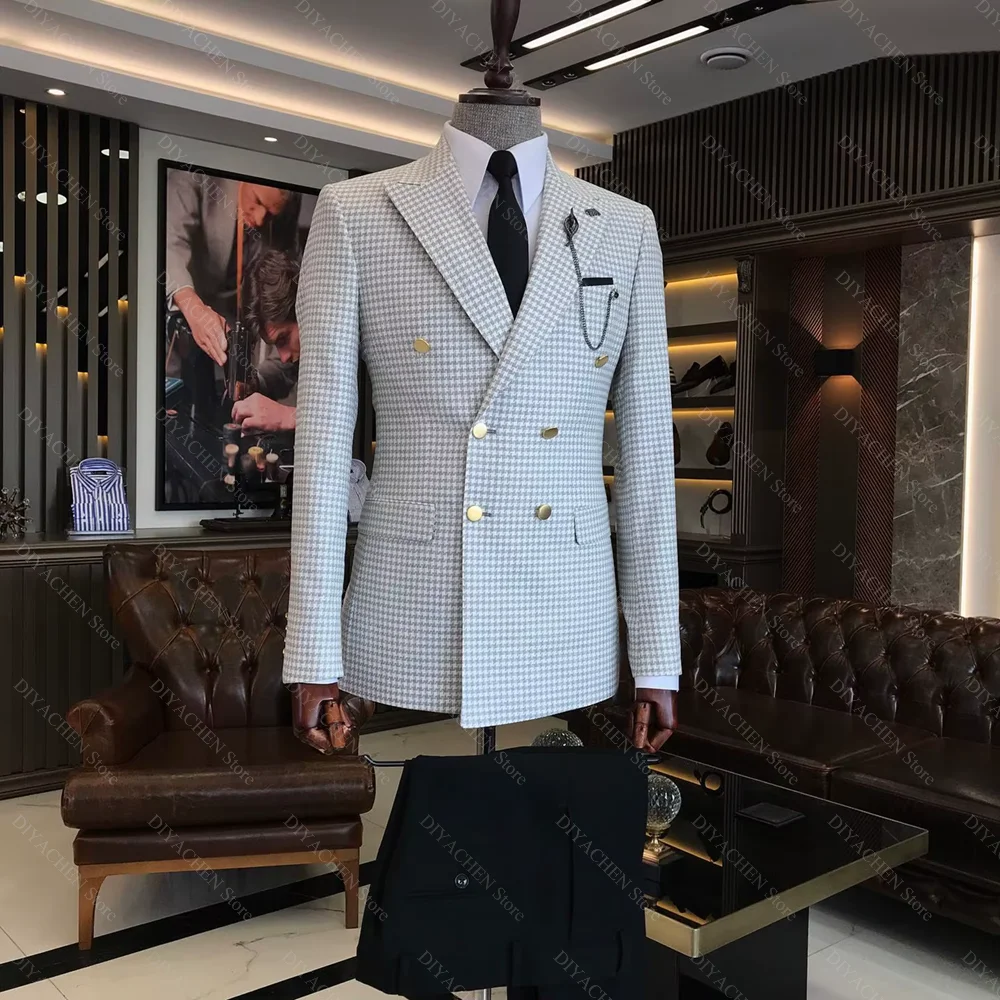 Chic Houndstooth Men Suits 2 Piece Fashion Jacquard Blazer with Solid Color Pants High-end Peak Lapel Double Breasted Male Suit