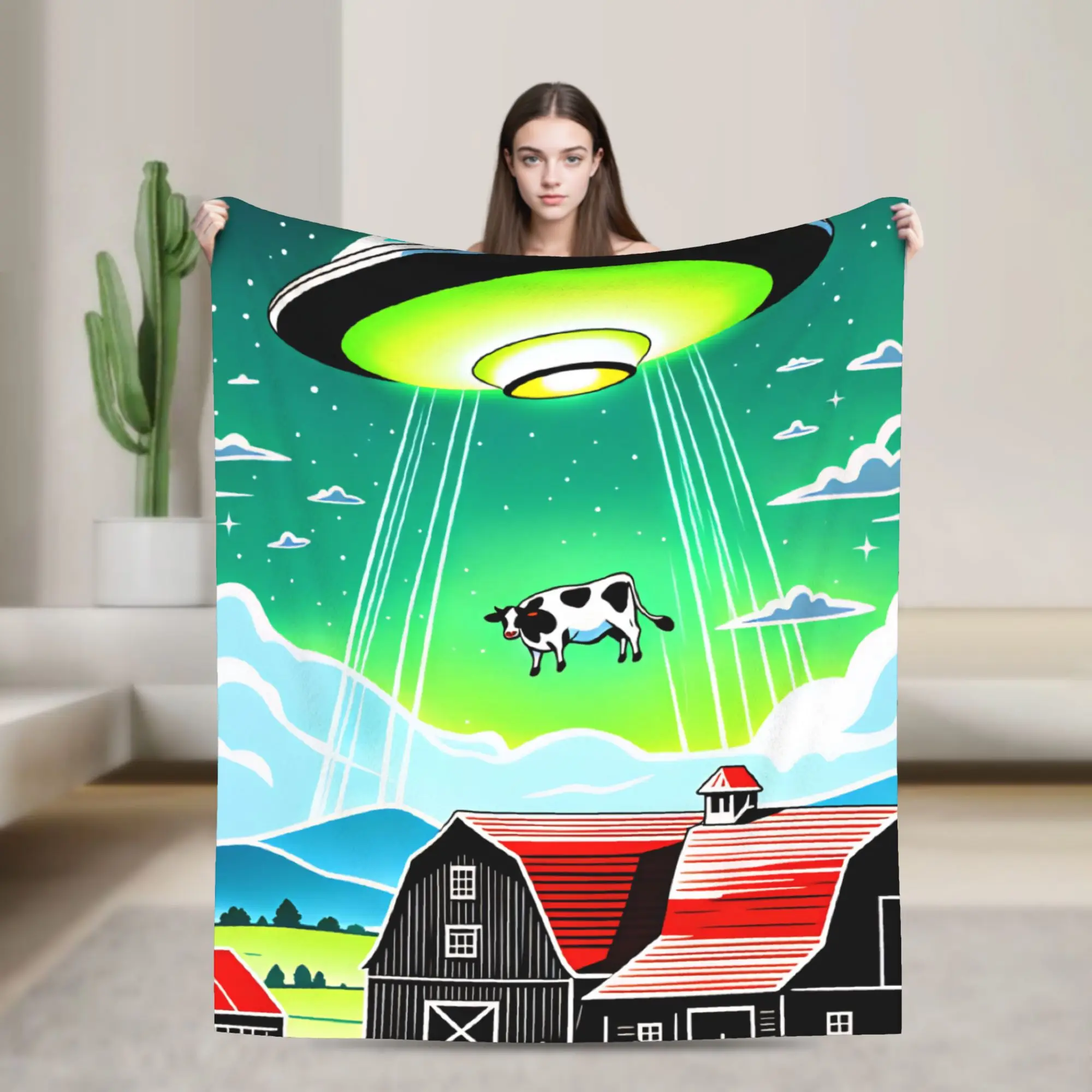 Retro UFO Kidnapped Cow  Warm Soft Blanket  Girls Boys Plush Throw Blanket Fashion Couch Bed Flannel Bedspread Sofa Bed Cover