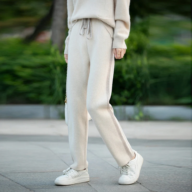 

Женские весенние брюки из 100% чистой мериносовой шерсти, вязаные, повседневные, со средней посадкой, на резинке, с цветными вставками, для бега, женская одежда