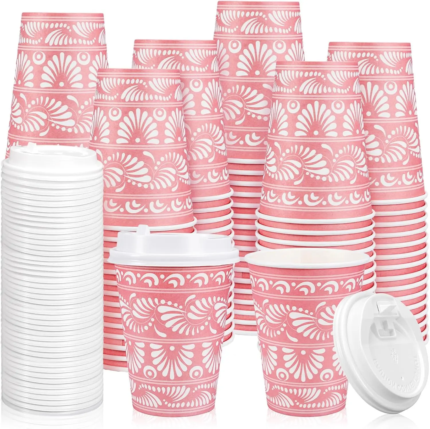 

50 Sets Cielito Lindo Coffee Cups with Lids 12oz Mexican Paper Cup Pink White Floral Disposable To Go Coffee Cup for Wed