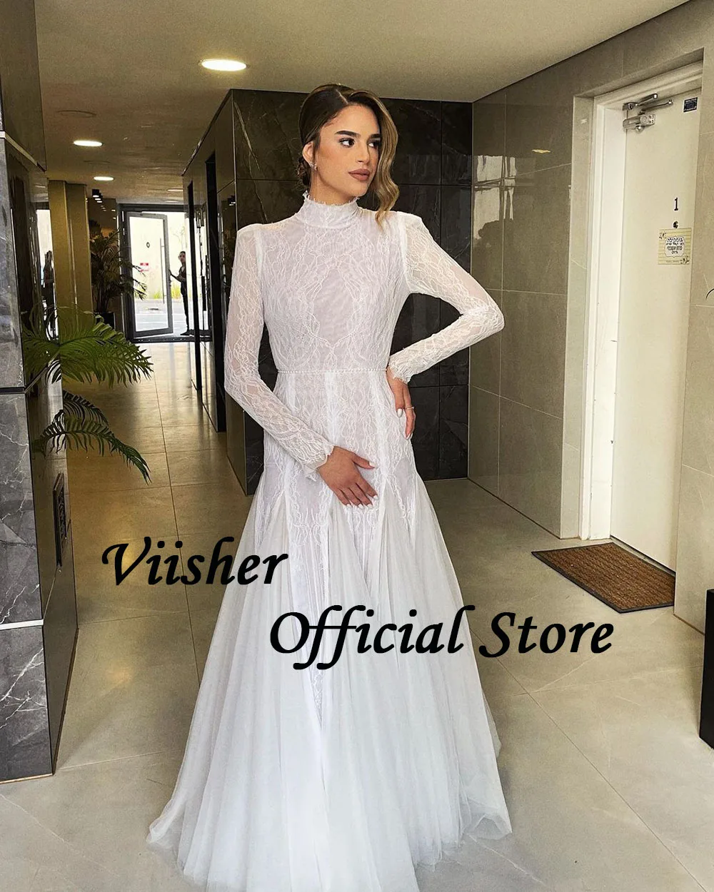 Viisher White Lace Tulle Mermaid Wedding Dresses Long Sleeve High Neck Dubai Israel Bride Dress Luxury Women Wedding Bridal Gown