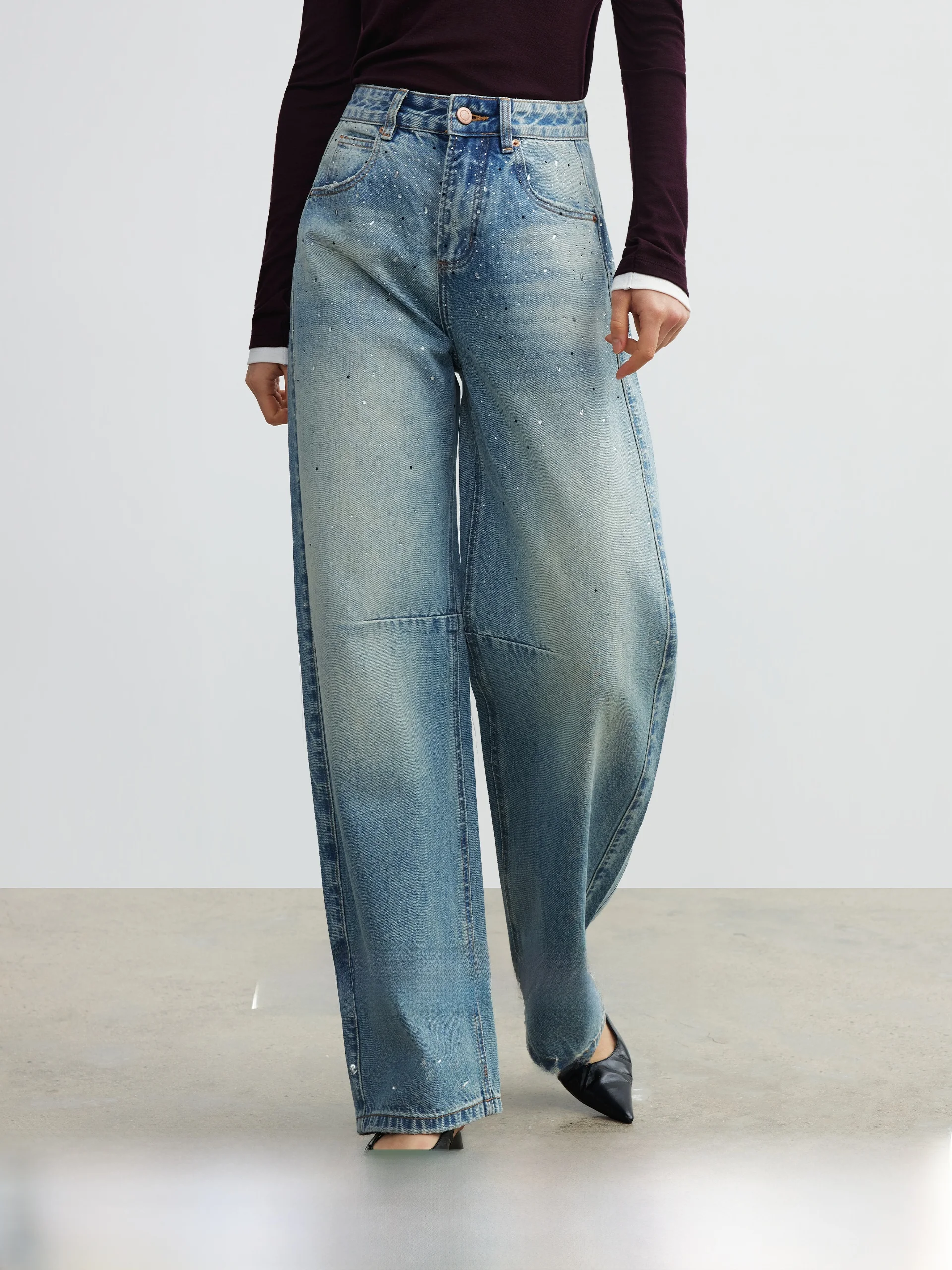 

Miiine High Waist Wide Leg Jeans Glittering Diamond Stone Waed Cotton Denim Spring Season Ladies Loose Fit Blue Jeans