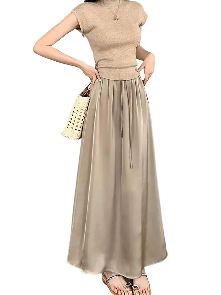 

New Autumn women long maxi Acetic acid satin skirt,2023 Winter office lady Chic vintage Lace up Skirt plus size skirt 7XL