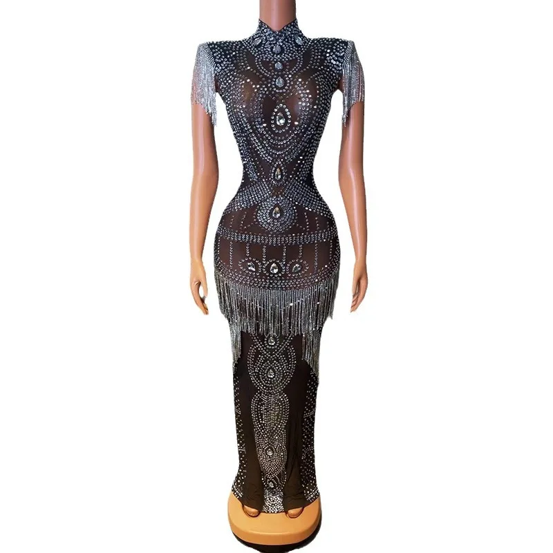 Summer Black Mesh Rhombus Rear Split Tassel Shiny Dress Party Ladies Vestidos Fiesta Vestidos Noche De Lujo Fiesta  Above Knee