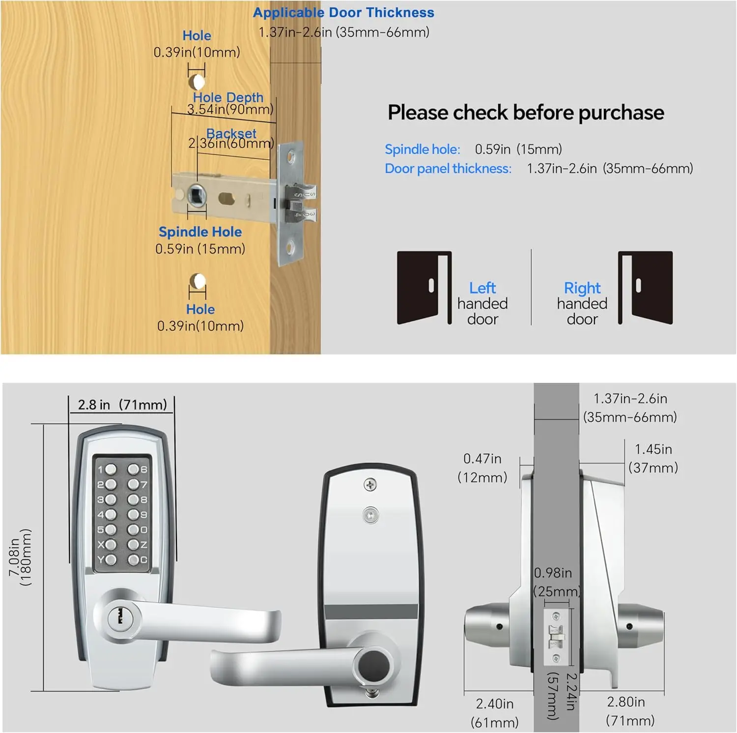 ZZZ-قفل باب الدخول الميكانيكي، 14 لوحة مفاتيح رقمية، مسمار ديدبولت مقاوم للطقس مع مقبض، قفل أمان خارجي عالي التحمل بدون