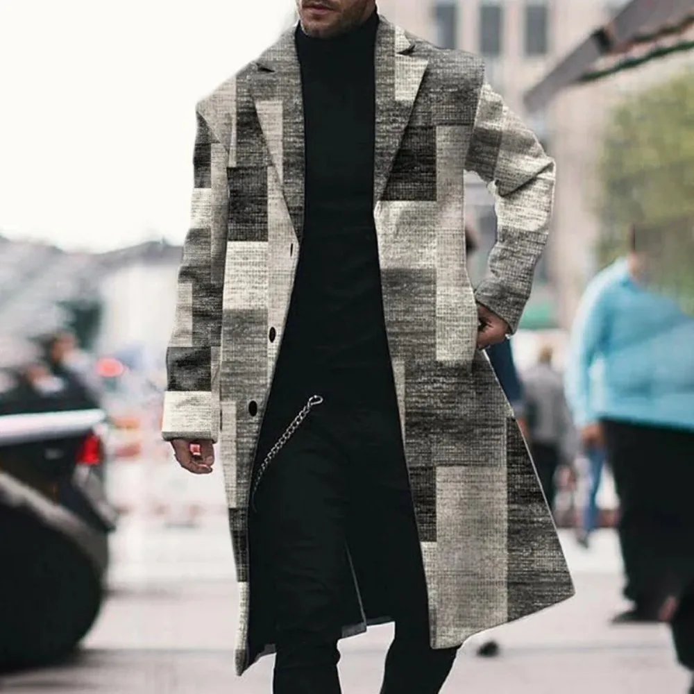 

Men's Casual Lapel Long Single-Breasted Plaid Print Jacket Fashionable and Slim Fit Daily Wear Classic Trendy Street Jacket