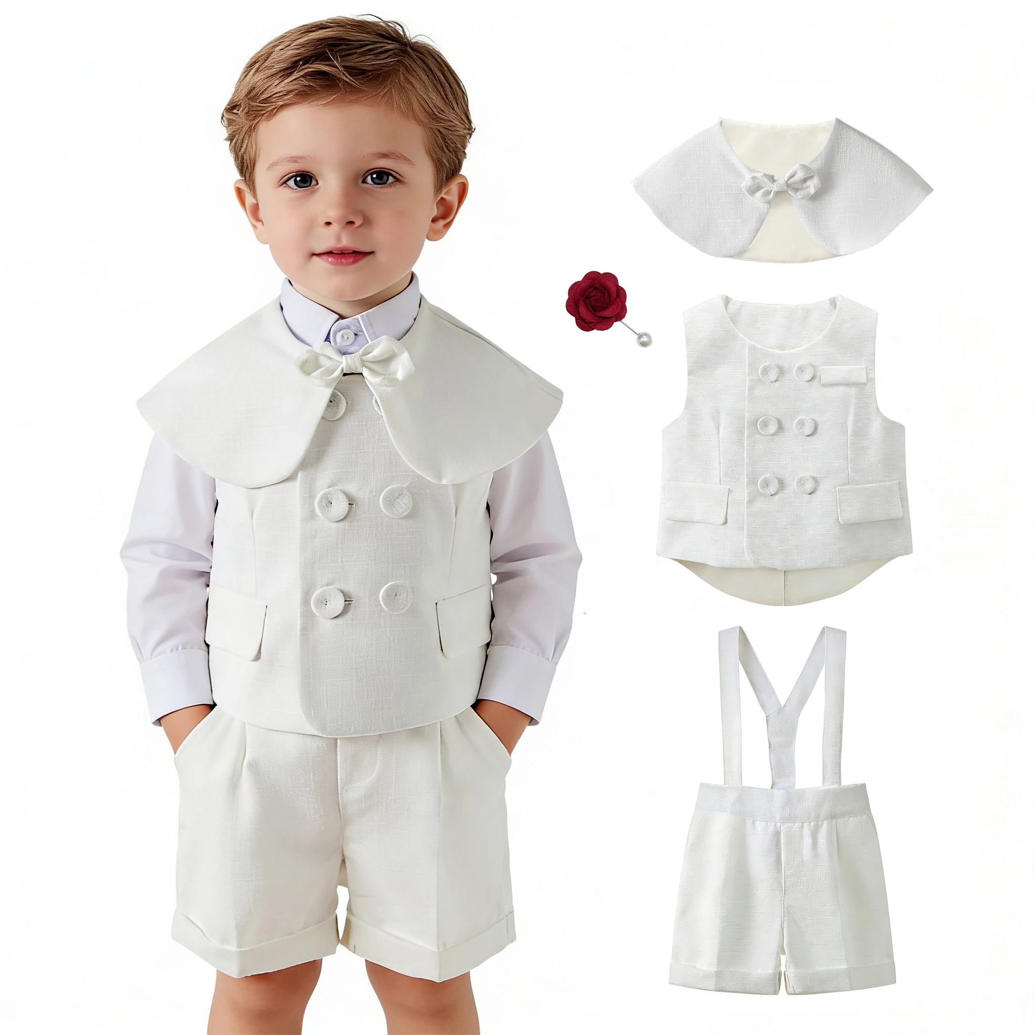 

Elegant Toddler Boy White Suit Set - Double Breasted Vest with Detachable Cape Collar Suspender Shorts for Weddings Christenings
