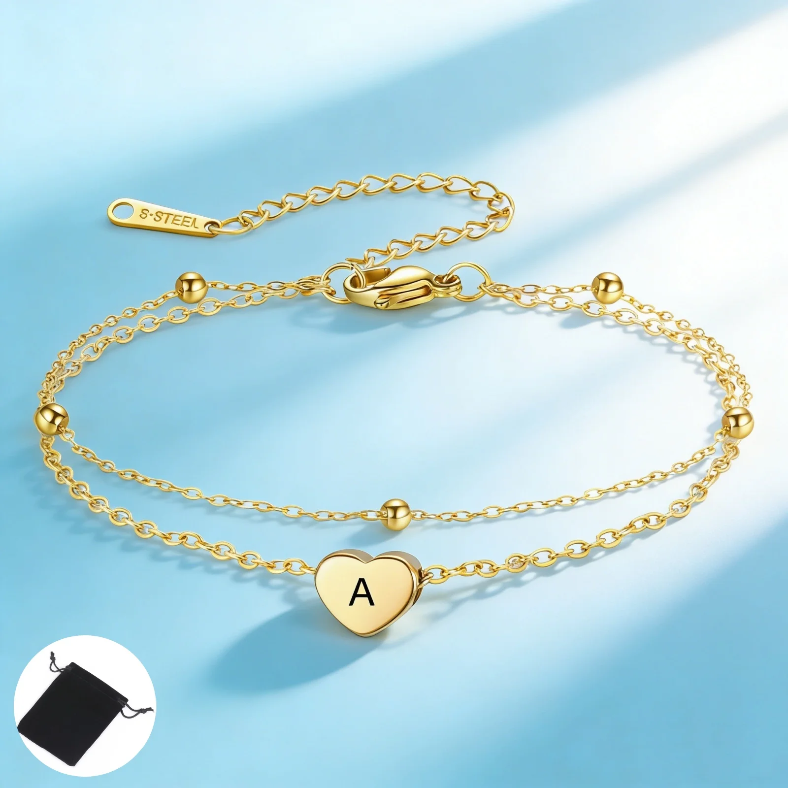 

Customized Family Surname Letter Love Bracelet Stainless Steel Personalized Peach Heart Double layer Bead Chain Gift