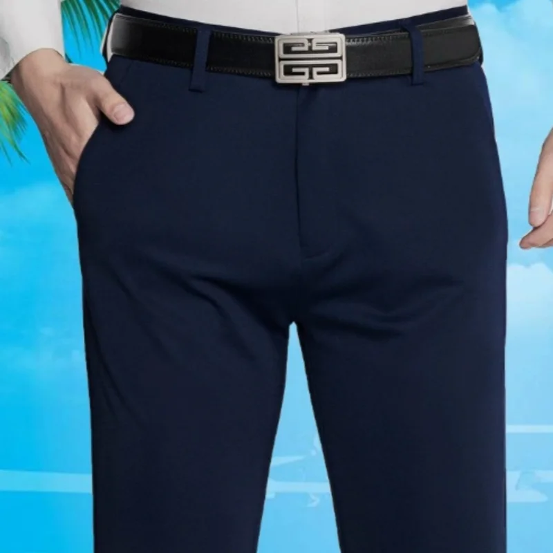 Men's summer ice silk thin suit pants, elastic solid color casual men's pants, office quick drying pants