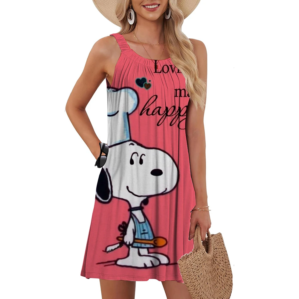 Snoopy Kawaii Damen Strandkleider Sanrio Jugendliche Frau Kleidung S-3XL 2025, Sommer Sling Elegantes schickes Kleid Boho Y2k Freizeit