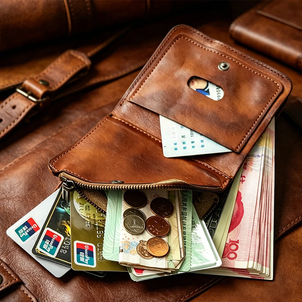 Genuine Leather Men Retro Wallet Large Capacity Card Holder Zipper Coin Pocket High Quality Portable Durable Male Money Clips