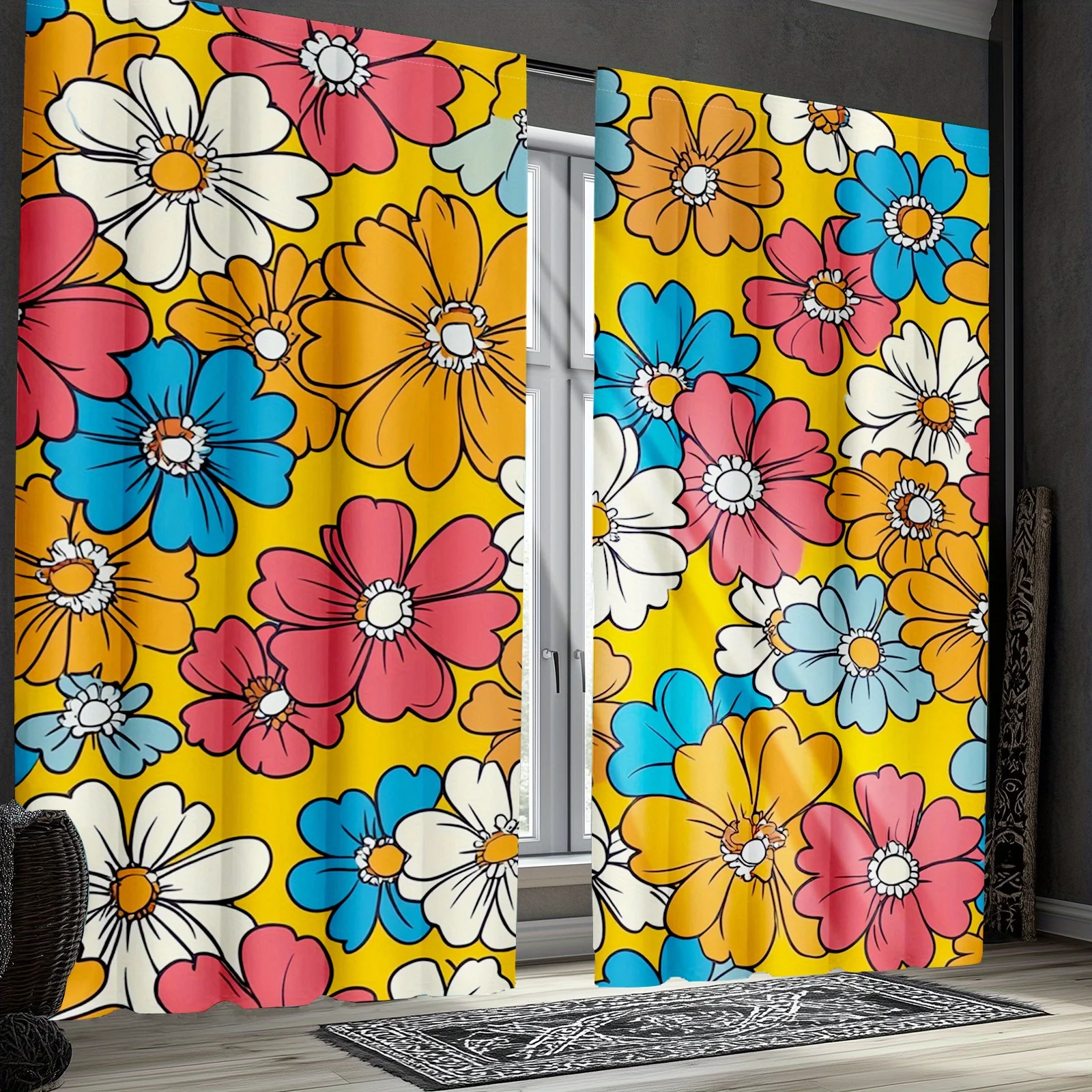 Decorative Floral Pattern Yellow Curtains 2pcs Pair Window Drapes Living Room Boho Home Decoration Curtain