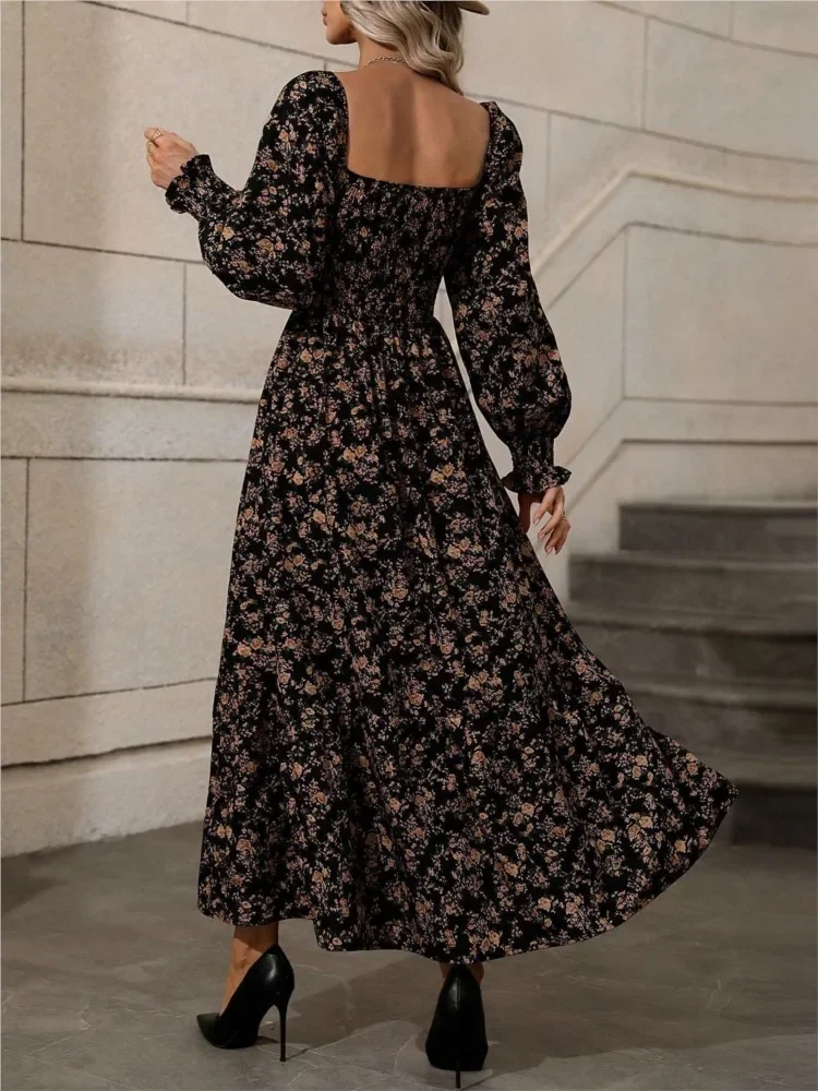 Women Autumn Fashion Floral Print Dress Spring Long Sleeve A-Line Backless Big Hem Lady Dresses Boho Elegant Beach Holiday Dress