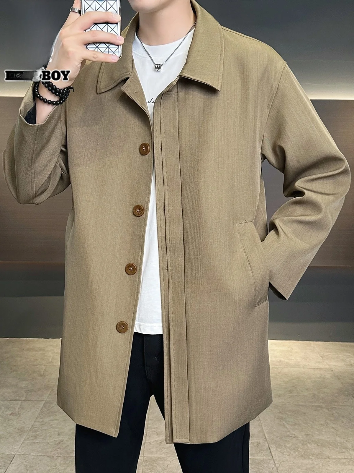 

Men's Long Coat Spring 2026 Casual Classic Briti Sle Double Collar Jaet Trendy Loose Fit Polyester Nylon