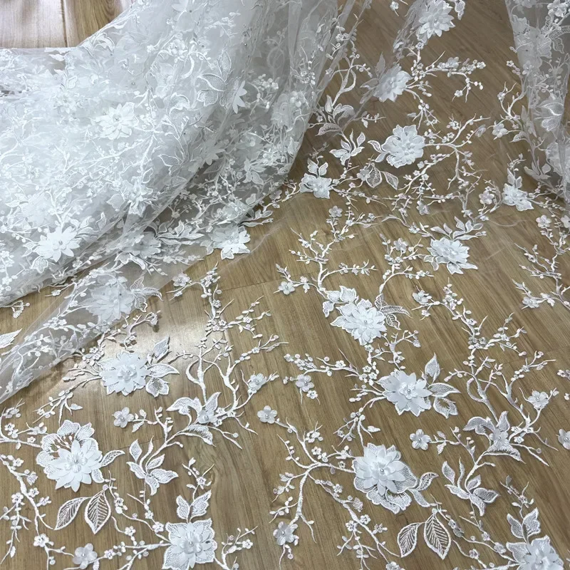 New Three-dimensional White Flower Bead Transparent Mesh Embroidery Lace Fabric Sewing Wedding Dress And Evening Dressdecoration