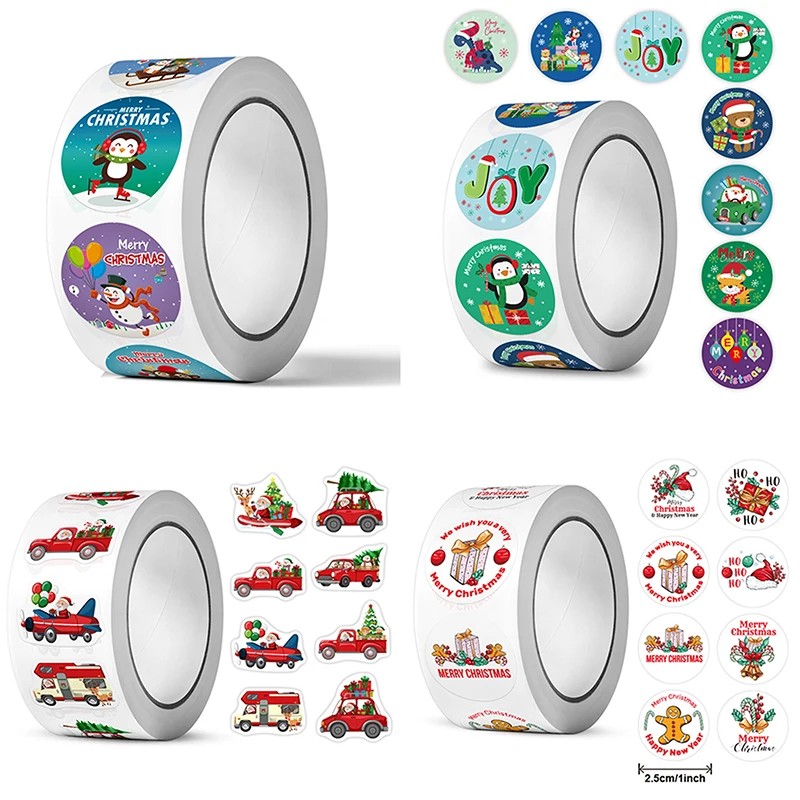 500Pcs/Roll Round Christmas Themed Stickers 8 Designs DlY Graffiti Holiday Party Gift New Year Decoration Labels