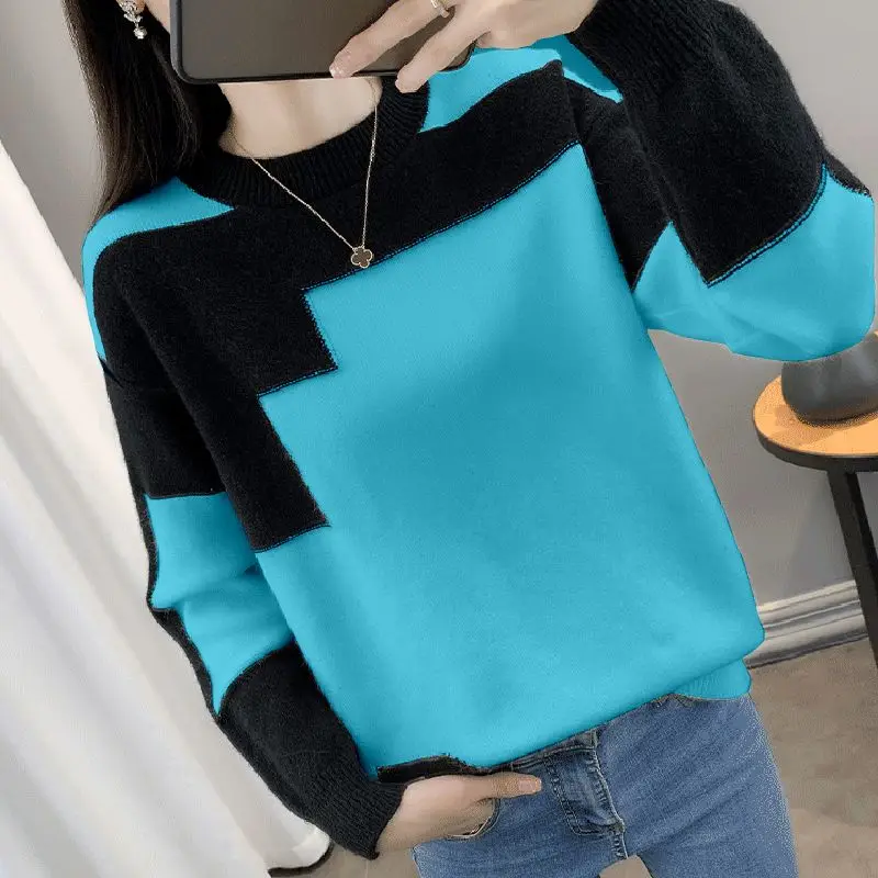 Fashion O-Neck Spliced Loose Korean Sweaters Female Clothing 2023 Autumn Winter Oversized All-match Pullovers Casual Tops