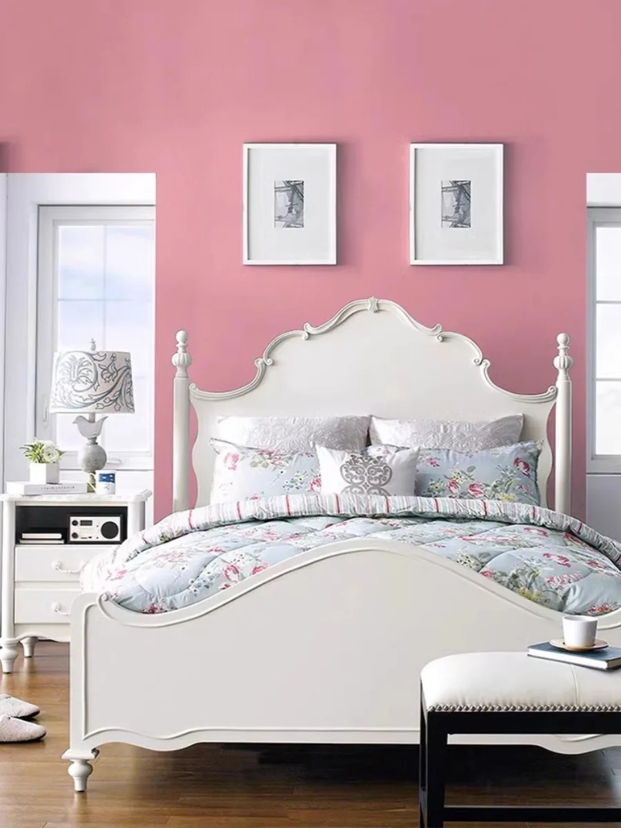 French solid wood cream white solid wood bed, American single girl princess bed, Nordic simple carved furniture