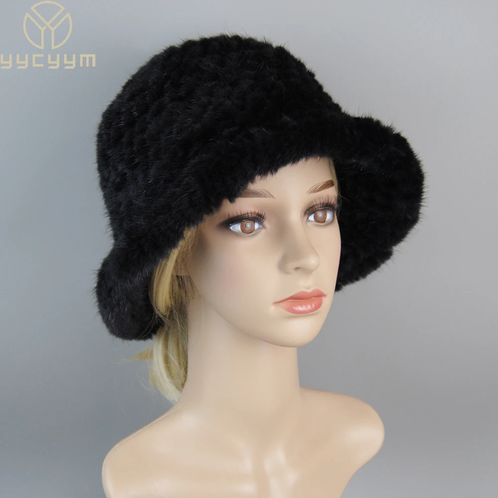 2024 Warm Woman Hat Winter Solid Mink Caps With Flower Natural Mink Fur Hats New Russian Girl Soft Knitting Real Fur Bucket Hats