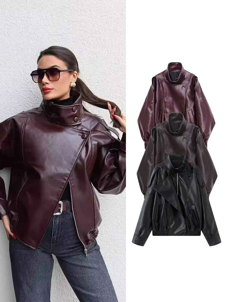 TFMLN 2025 chaqueta de piel sintética de invierno para mujer, moda Vintage, decotación de charretera, ropa de calle con cremallera, cuello levantado, cuero para mujer
