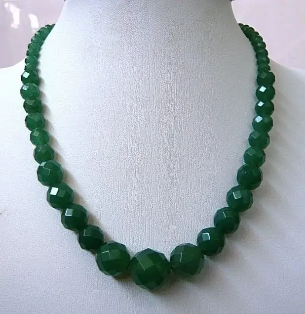 Green 6-14mm Faceted Natural Emerald Round Beads Necklace 18