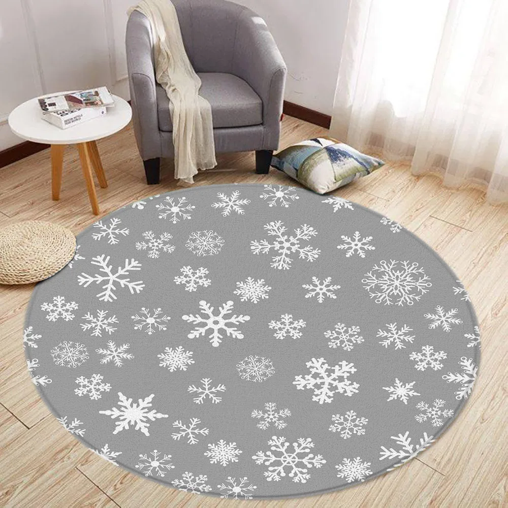 Christmas Snowflake Print Living Room Decoration Round Rug Christmas Gift Bedroom Rug Household Floor Mat Washable Leisure Rugs