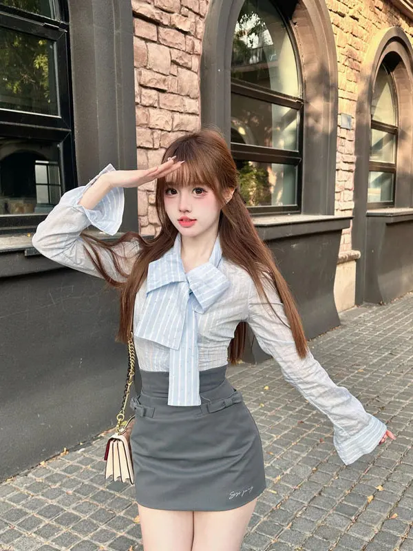 

Blue Striped Shirt And Grey Short Skirt Set Women's Spring Autumn Sweet And Spicy Ootd Two Piece Set Korean Style Fashion