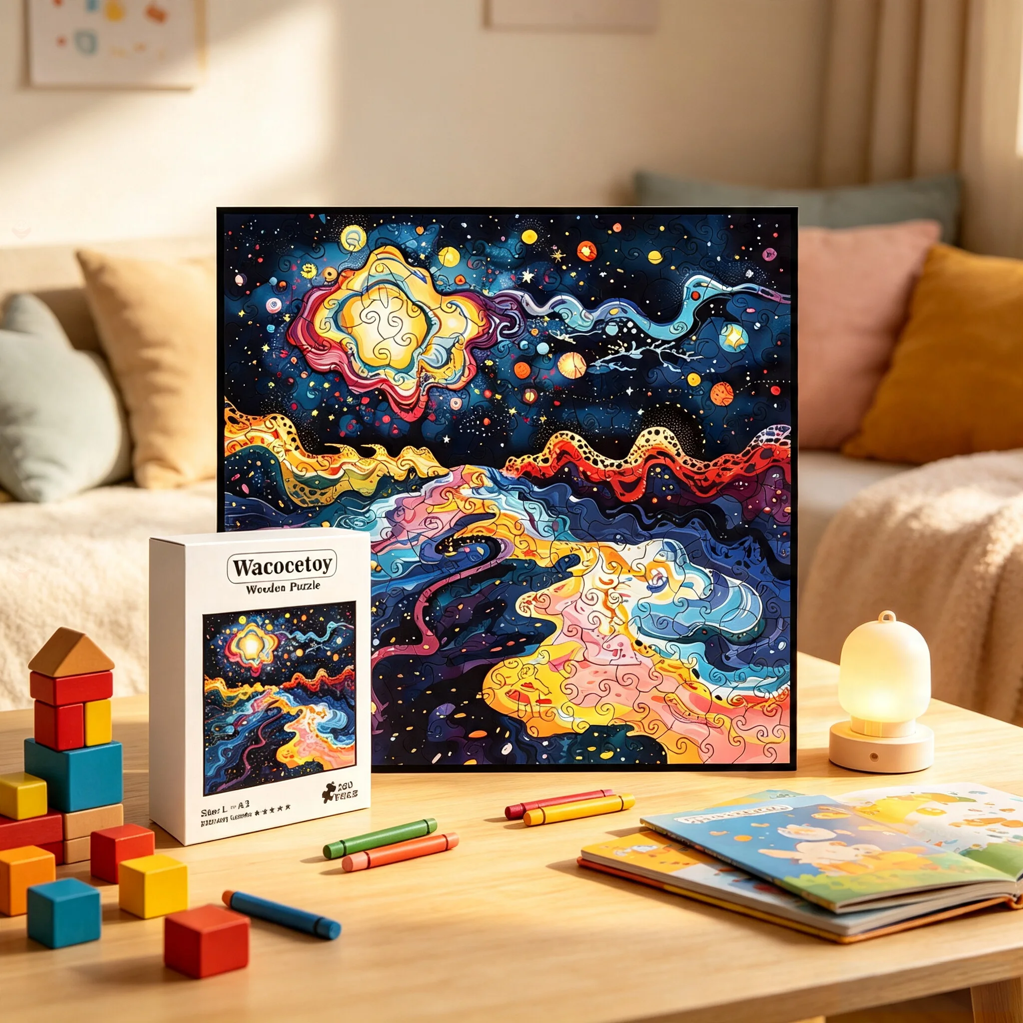 Psychedelic Starry Sky Art Wooden Puzzle Piggy Bank, High-Difficulty Brain-Teasing Stress-Relief Toy, High-Value Decorative Gift