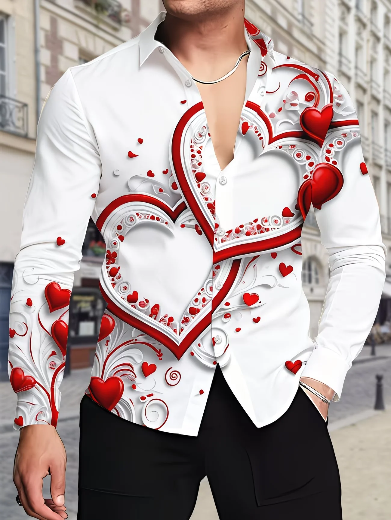 New 3D Three-dimensional Heart Printed Men's Long Sleeved Shirt, Romantic Casual Shirt, Trendy and Personalized Top