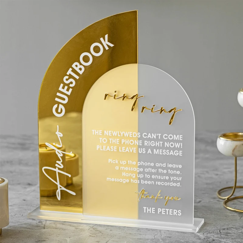 Wedding Audio Guestbook Sign,Telephone Guest Book Sign,Gold Mirror with Acrylic Sign,Wedding Reception Decor, Wedding Signage