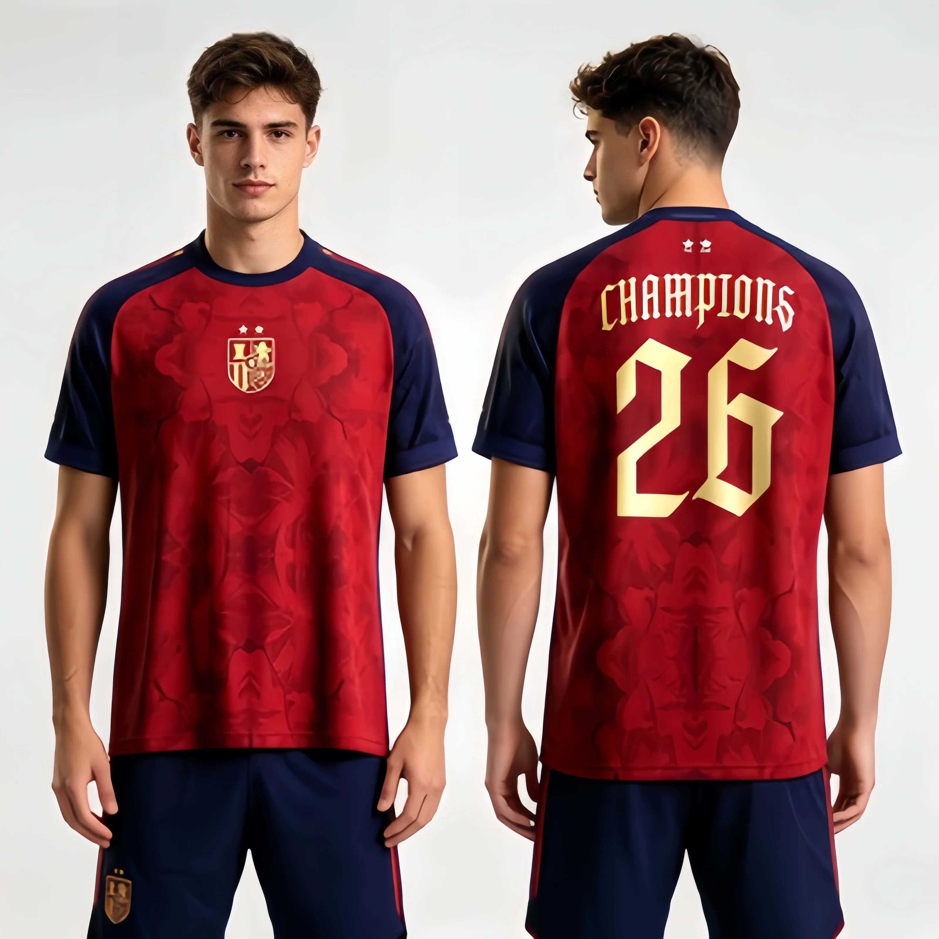 Neues 3D Spanien-Meister Zweisterne Fußballtrikot Sport-Trainingsshirt Atmungsaktives Schnelltrocknendes T-Shirt Familien-Matching-Oberteil