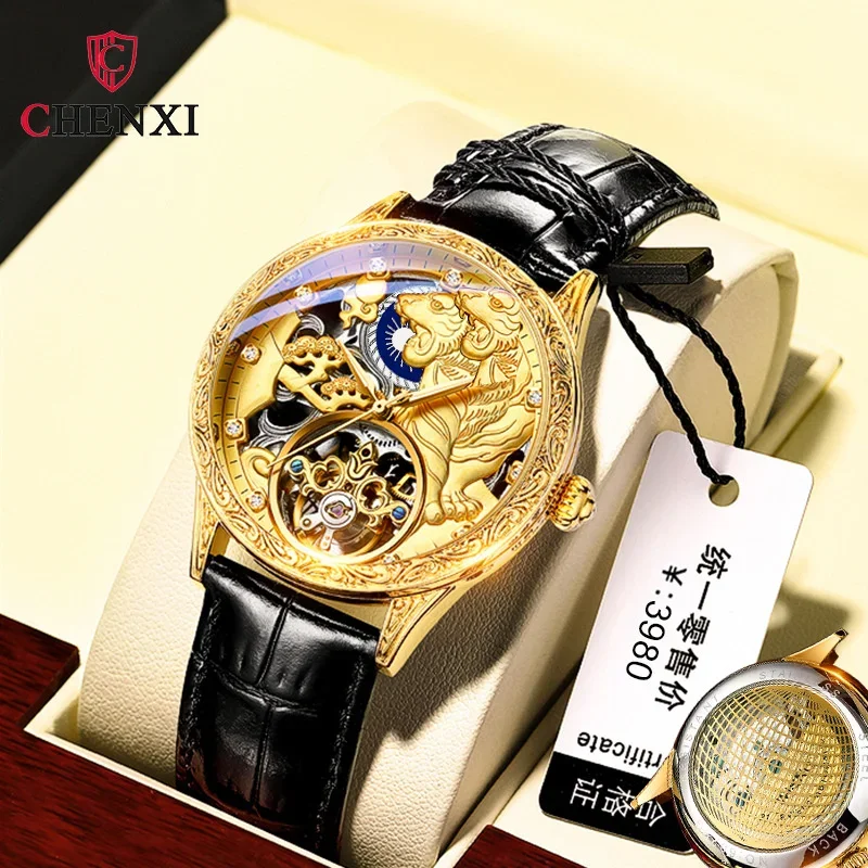 

CHENXI 6029 черные кожаные механические автоматические часы со скелетом, модные мужские часы Montre Homme, золотые часы с тигром для мужчин