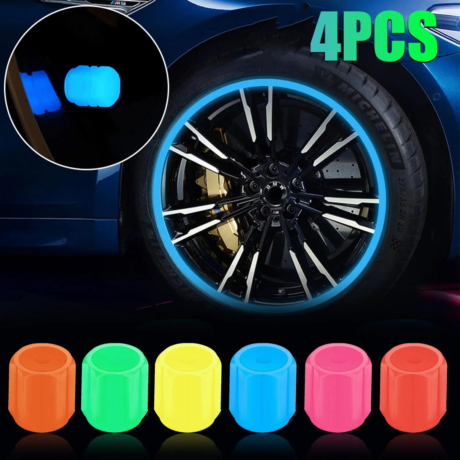 4 Pcs Universal Fluorescent Luminous Tire Valve Stem Covers Car Tire Valve Cap Green /Yellow/Blue/Red/Orange Fluorescent Powder