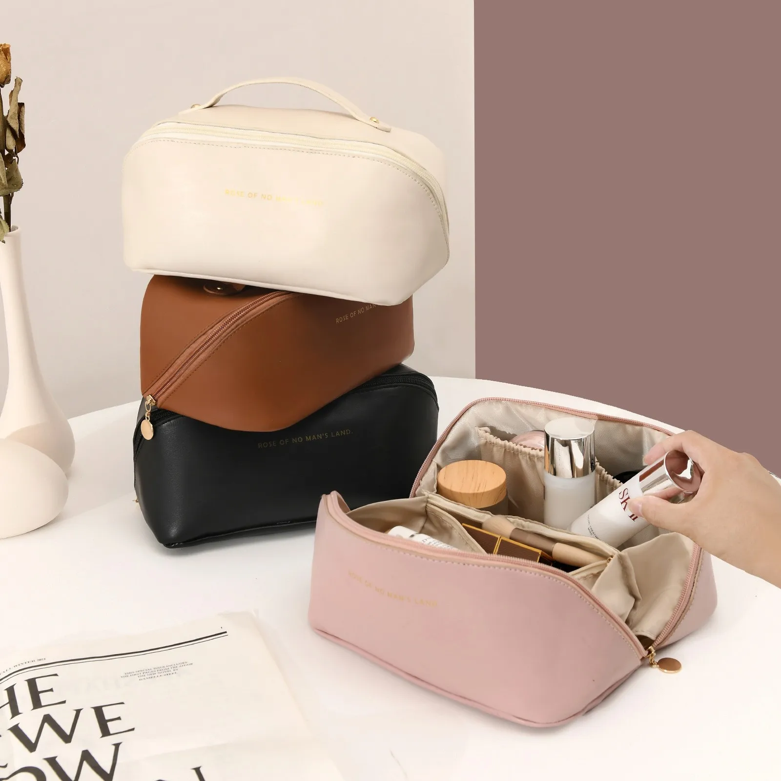 Borsa cosmetica da viaggio di grande capacità borsa da trucco portatile in PU borsa da bagno impermeabile da donna Kit da toilette multifunzionale