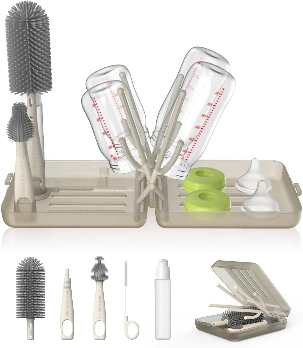 

Travel Bottle Brush Set with Auto-Open Drying Rack, 3 Brushes, Foldable, for Baby Essentials