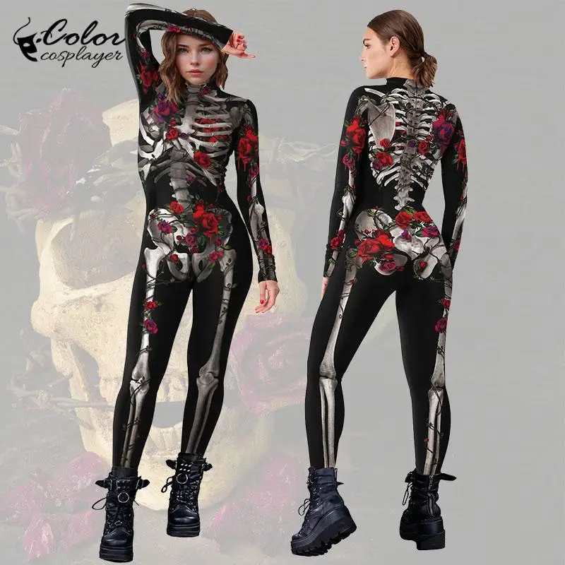 Farbe Cosplay Halloween Skelett Overall Gothic Rose Muster Bodysuit Karneval Hexe Geist Cosplay Kostüm Party Zentai